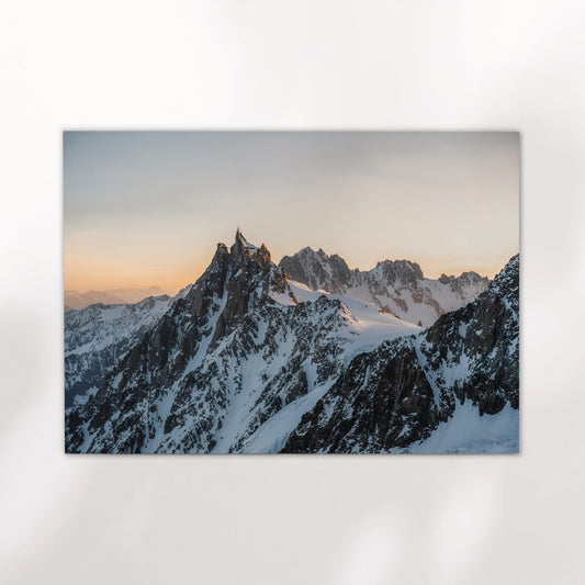 Chamonix mountain photography print featuring a winter sunset view of Aiguille du Midi's jagged peak.