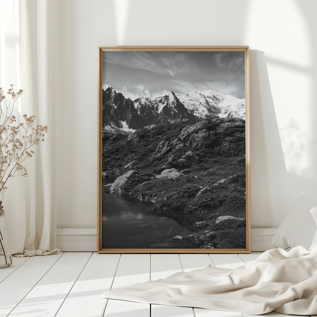 Chamonix wall art print of Lac Flégère, reflecting the rugged Mont Blanc peaks in serene waters.