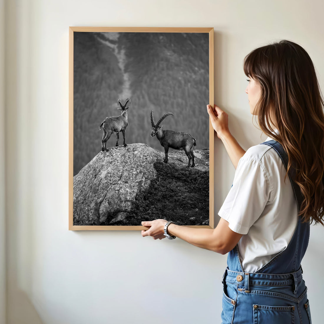 Chamonix wildlife wall print showcasing two alpine ibex standing proudly on a mountain peak.