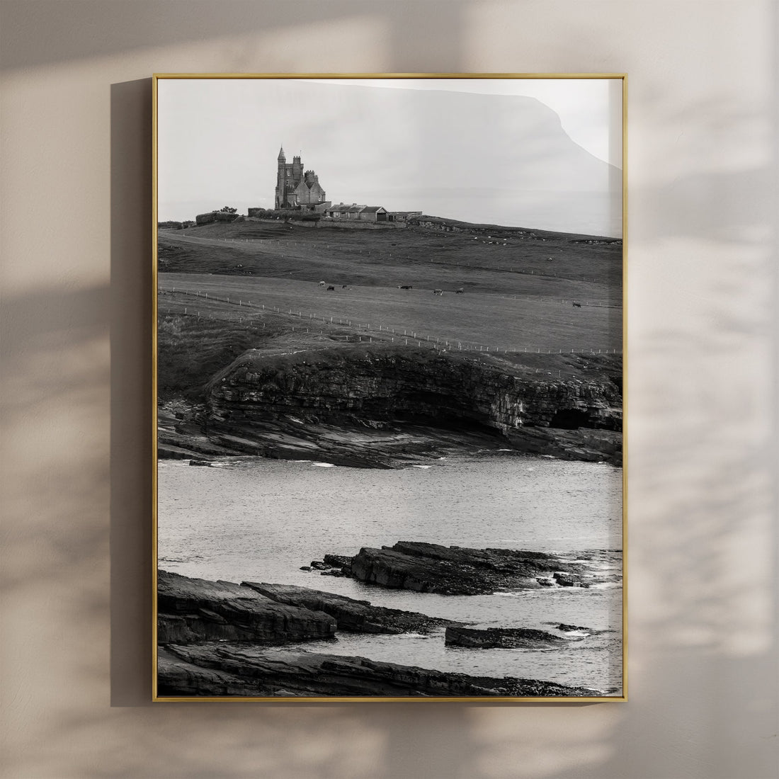 Black and white wall art of Classiebawn Castle on the Sligo coastline in Ireland