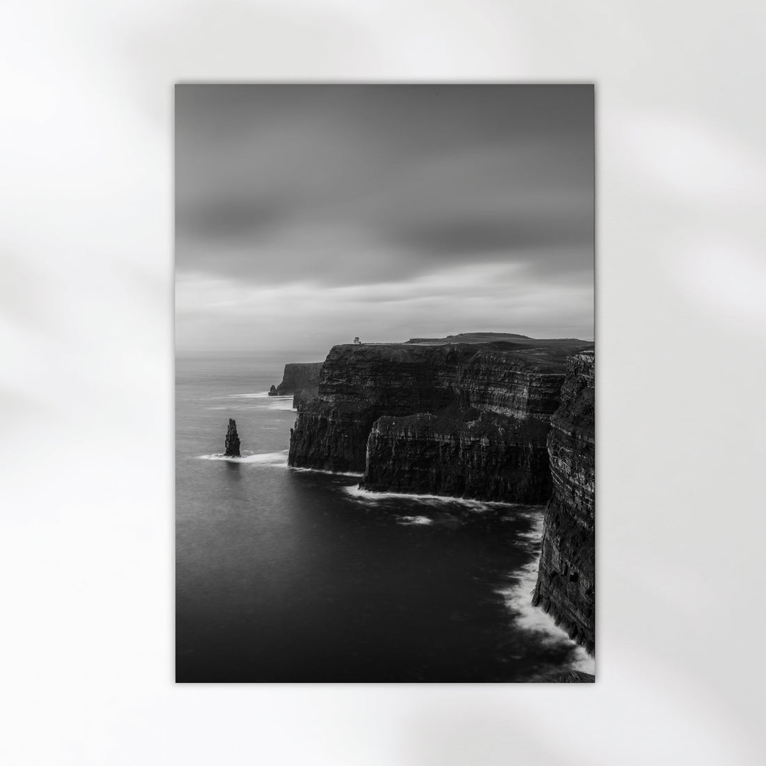 Fine art black and white Cliffs of Moher print on white background for detail view