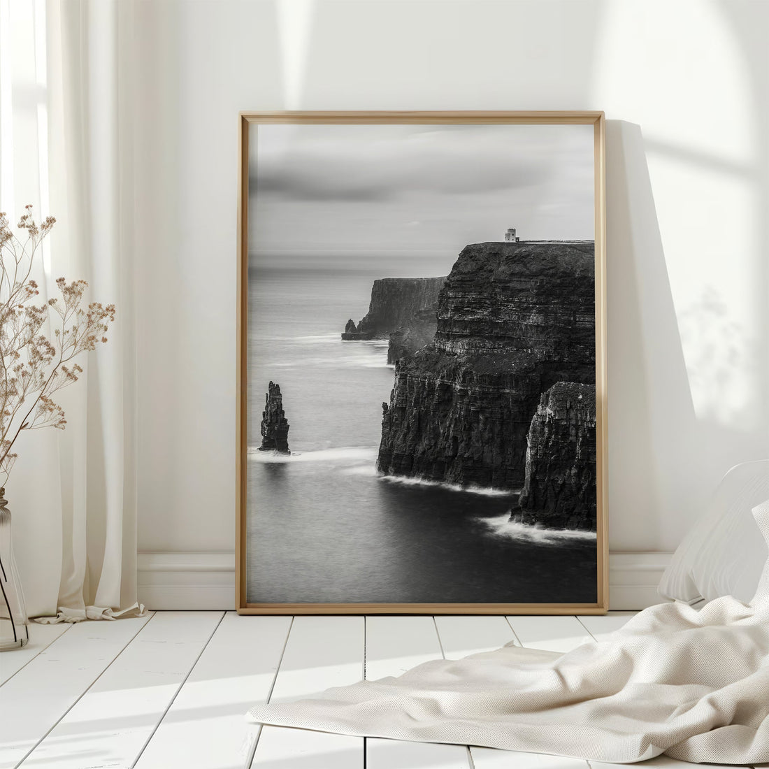 Cliffs of Moher monochrome art print displayed in bright modern interior