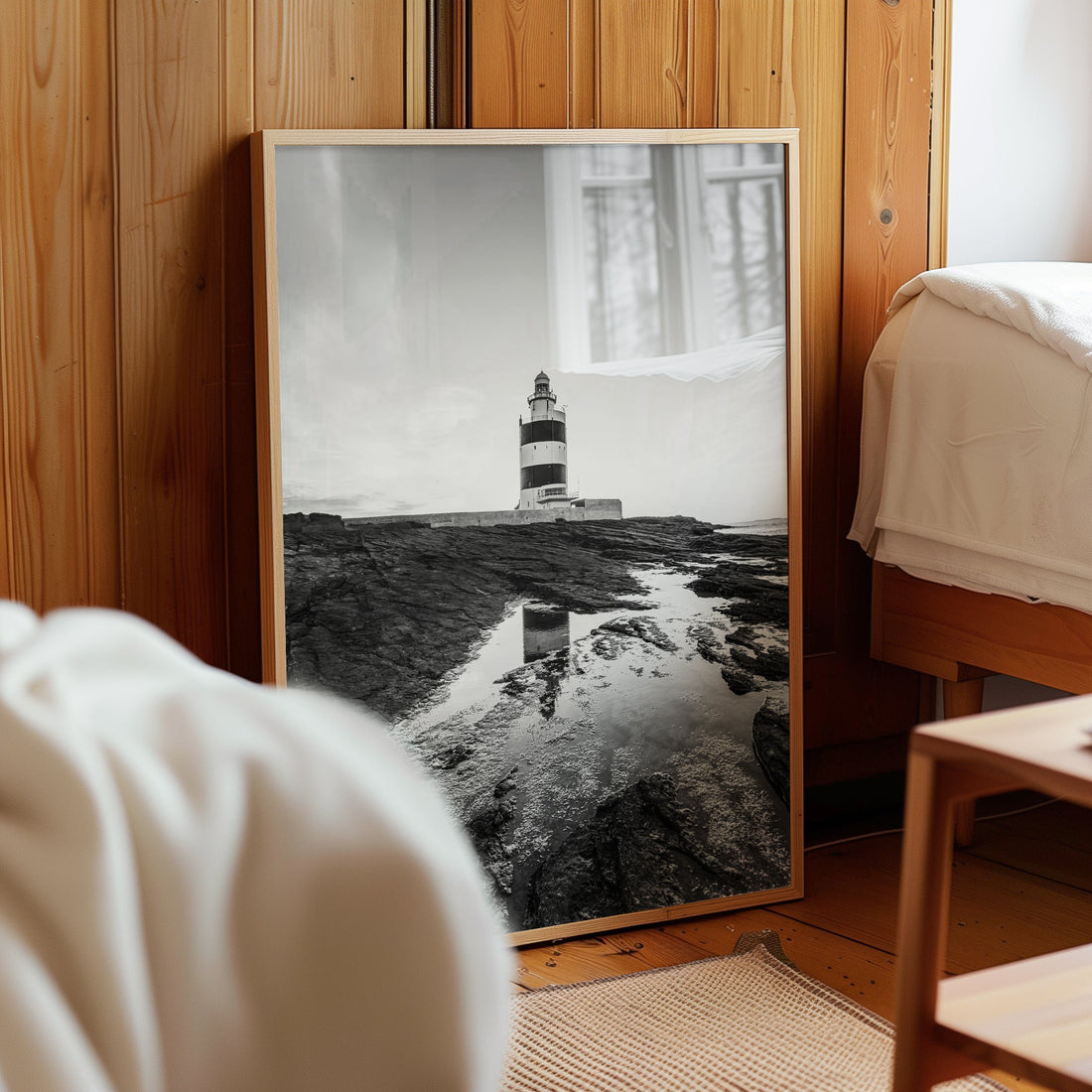 Hook Head Lighthouse fine art print leaned against bedroom wall