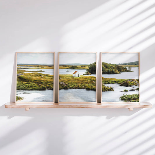 Set of three Connemara wall art prints displayed as a minimalist triptych