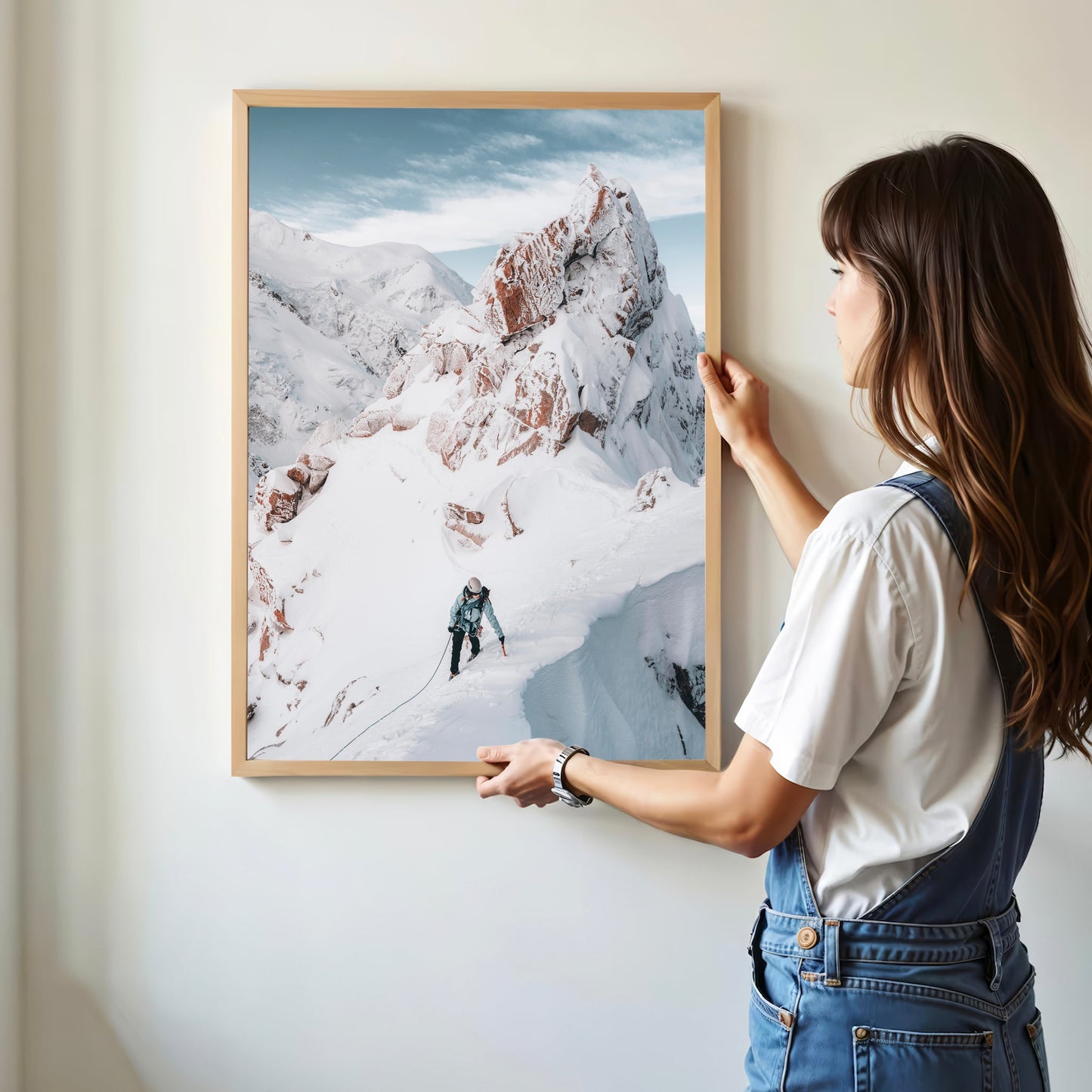 Adventure wall print of a climber tackling the legendary Cosmiques Ridge in the Mont Blanc massif.
