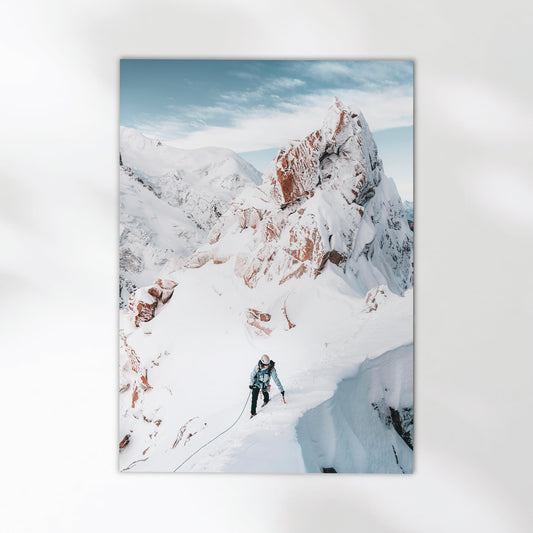Epic Cosmiques Ridge mountaineering print featuring a climber ascending Aiguille du Midi’s icy ridges.