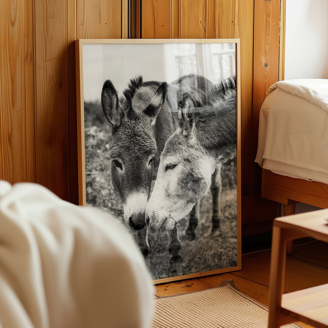 Donkey print leaning against a wooden bedroom wall, Irish animal photography in black and white.