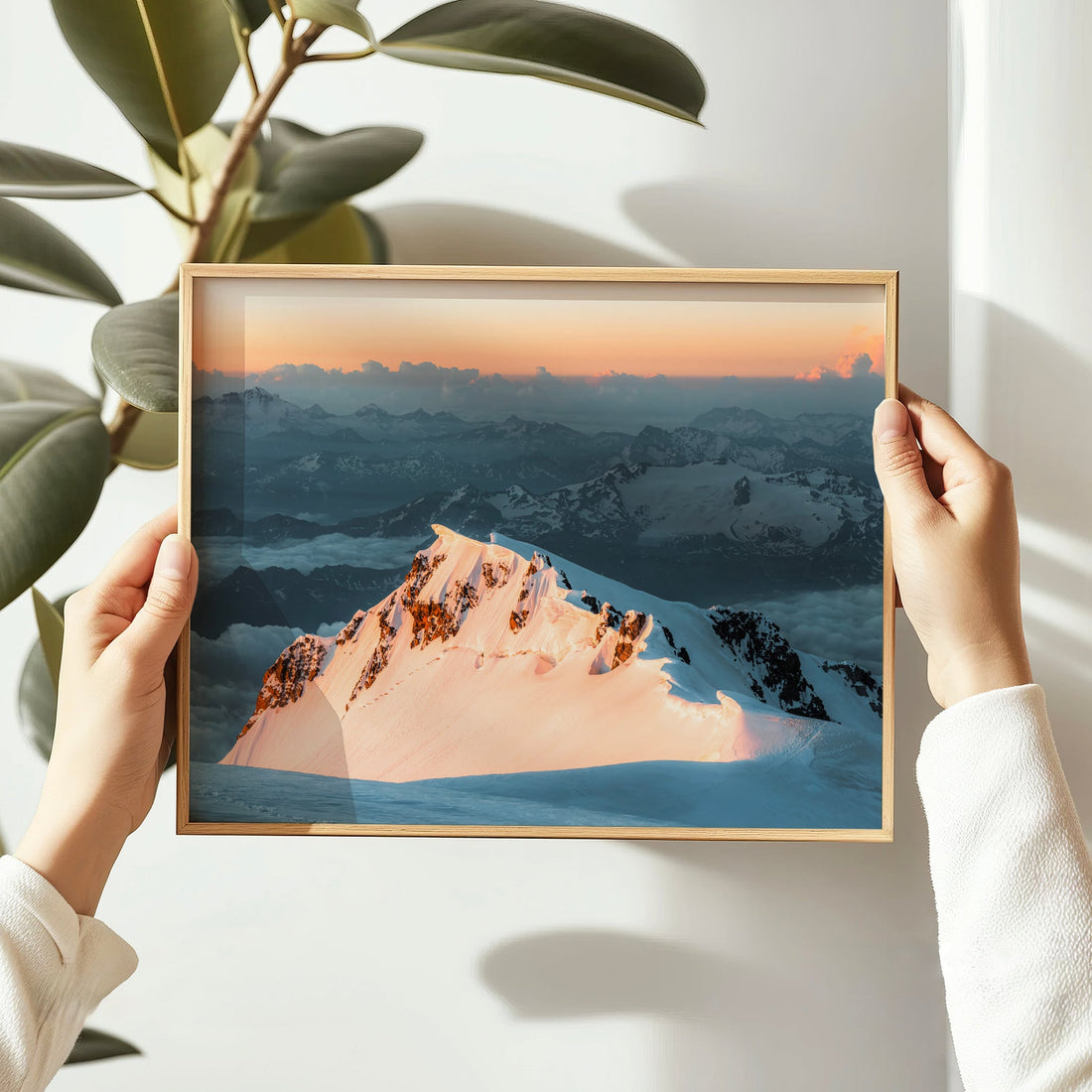 Sunset wall art print of the Italian side of Mont Blanc near Courmayeur, with soft light on snowy ridges.