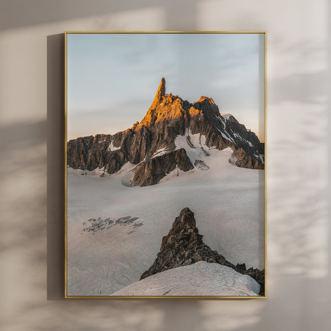 Stunning Dent du Géant wall art print featuring golden sunlight over the Mont Blanc Massif.