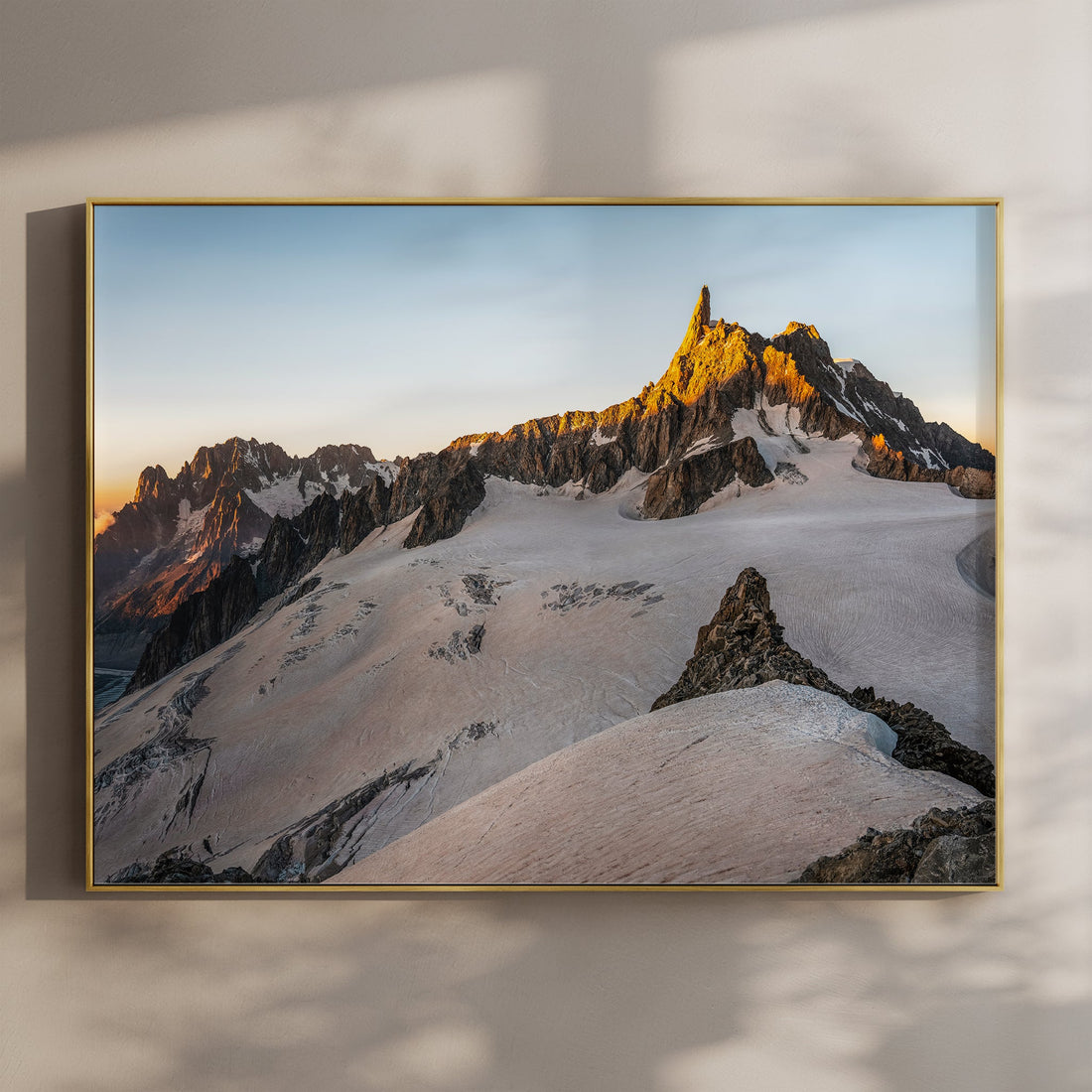 Fine art wall print of Dent du Géant at golden hour, with alpine snow and sharp ridgeline near Chamonix.