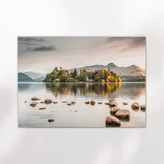 Unframed Derwentwater photography print with mountain reflections