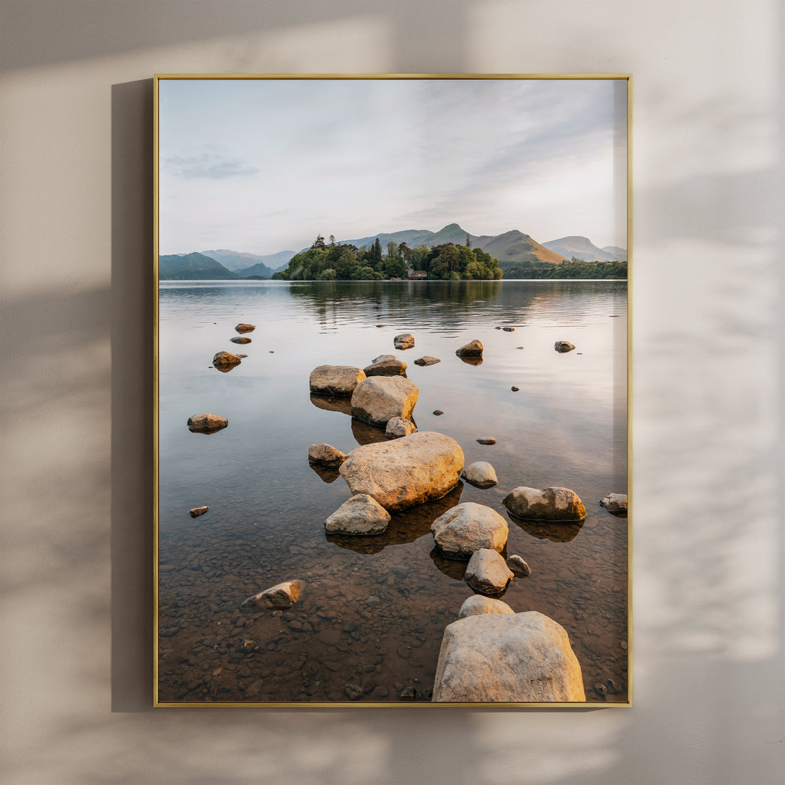 Fine art landscape print of Derwentwater in the Lake District with calm water and mountain reflections