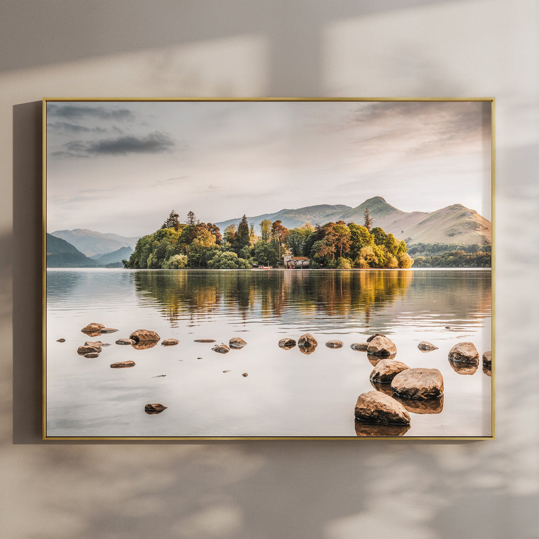 Framed Derwentwater landscape print featuring sunrise light over the Lake District
