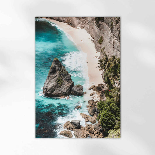 Diamond Beach Nusa Penida aerial photography print with turquoise ocean white sand and rock stack unframed on white background