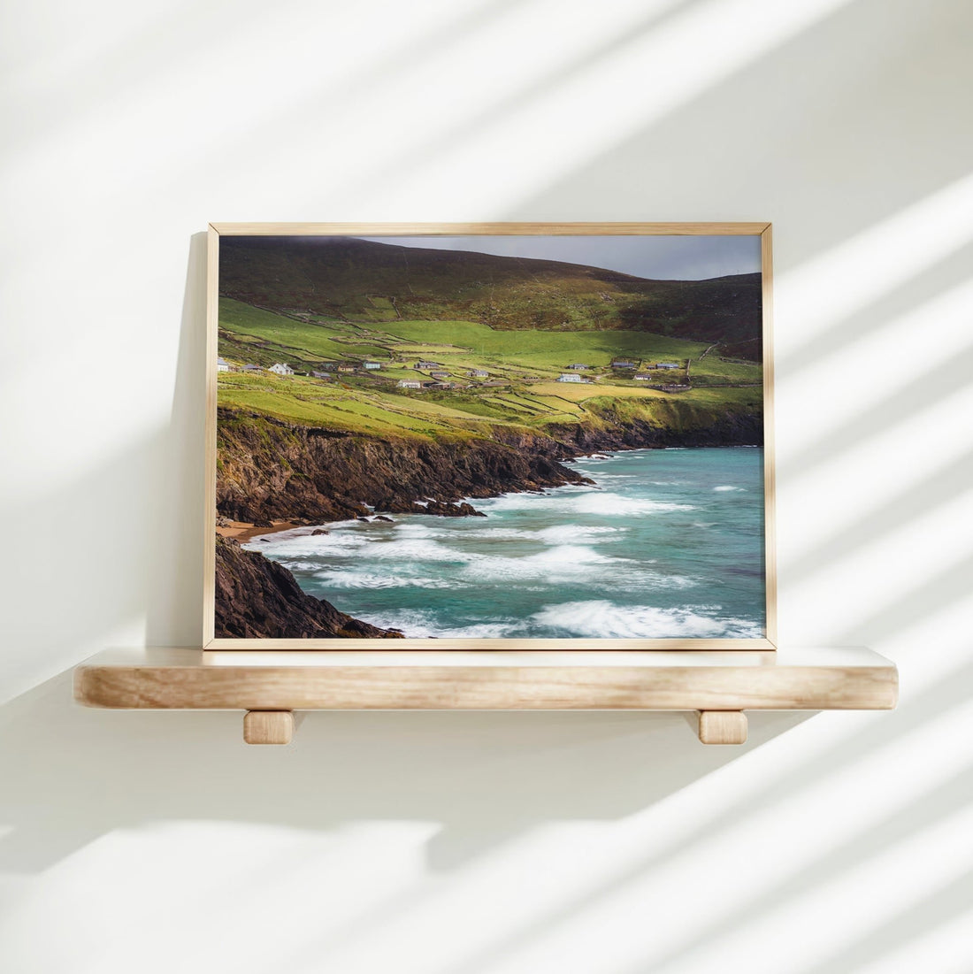 Wall-mounted print of Coumeenoole Beach in the Dingle Peninsula, catching morning sunlight