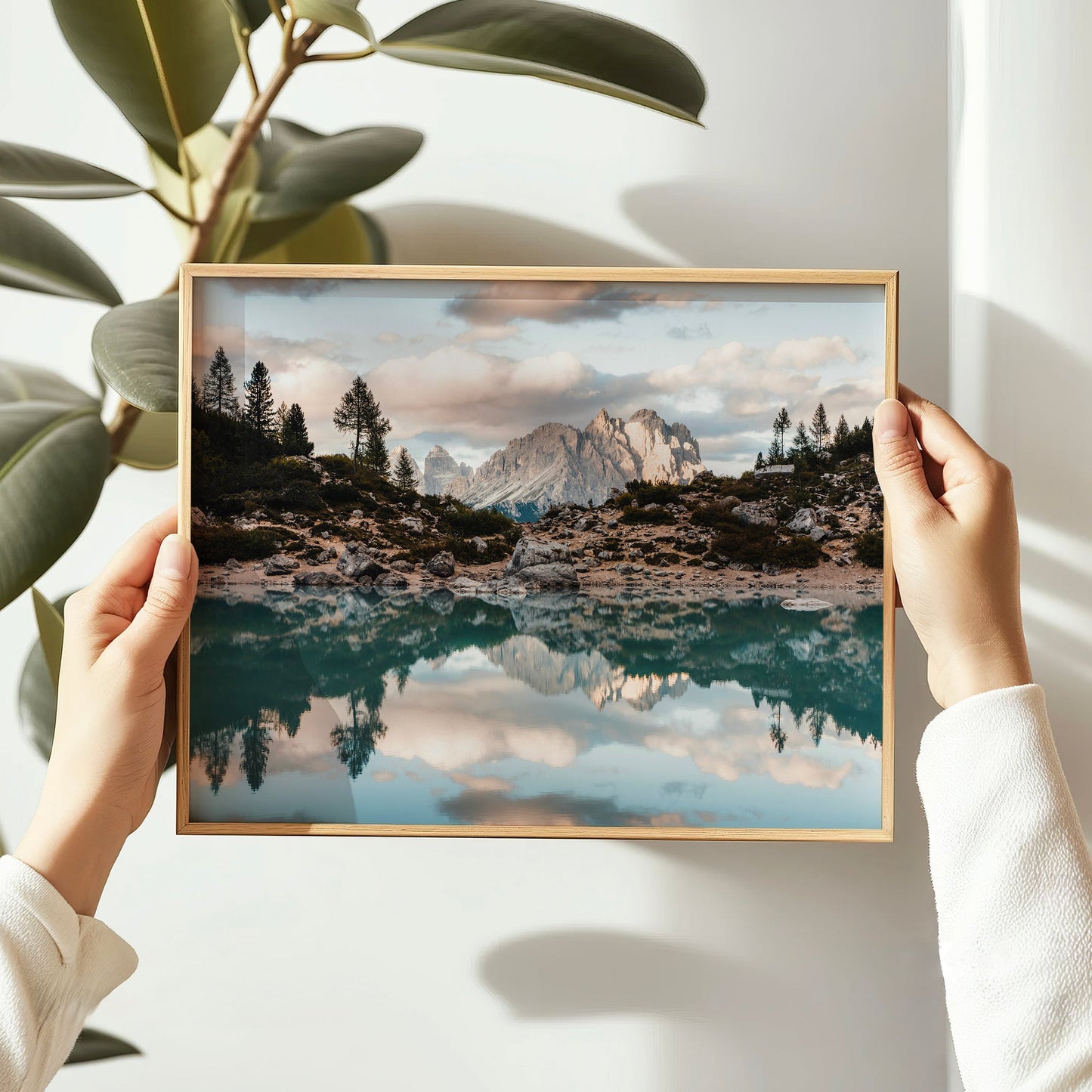 Serene alpine lake print of Lago di Sorapis, showing glassy reflections beneath dramatic Dolomite mountain peaks.