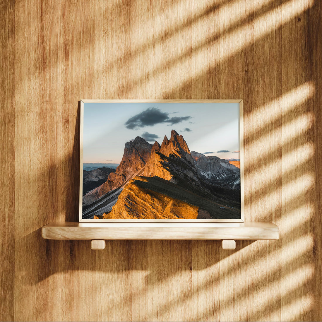 Fine art print of the Dolomites' alpine ridge, with sharp mountain peaks and scenic green valleys.