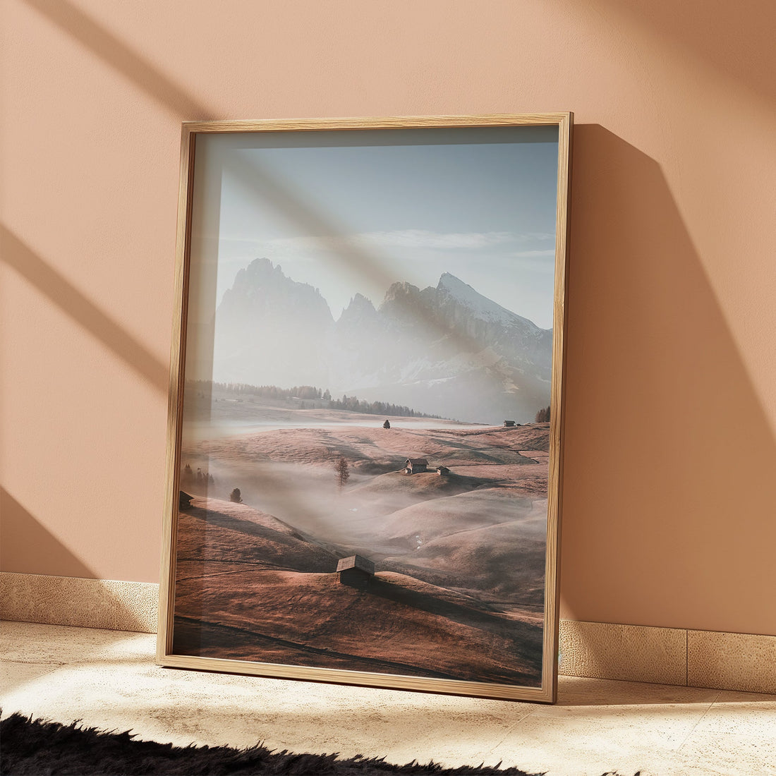 Breathtaking wall art of alpine scenery in the Dolomites with moody tones and dreamy mountain fog.