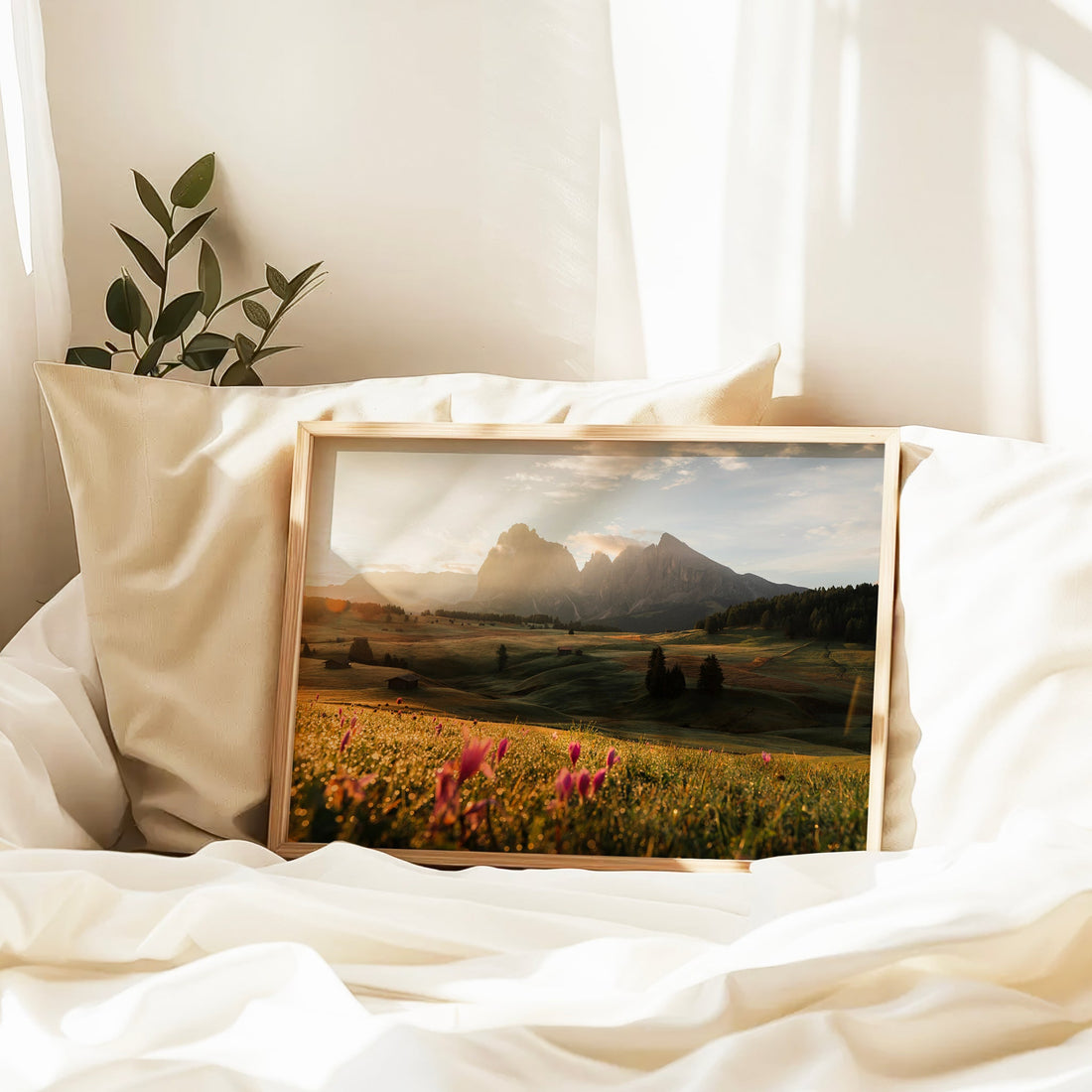 Tranquil alpine valley wall decor print featuring the dramatic peaks of the Dolomites at dawn.