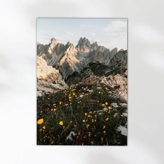 Breathtaking Dolomites mountain photography print showcasing the sharp peaks of Cadini di Misurina.