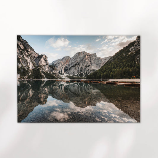 Unframed Lago di Braies Dolomites wall art print with clear water and boats