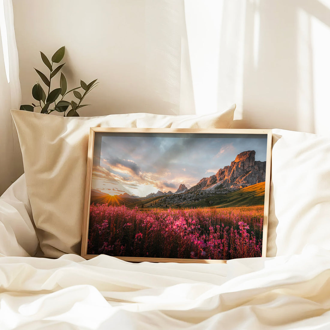 Scenic Dolomites landscape wall art showing the soft hues of dusk and sharp alpine ridges in Italy.