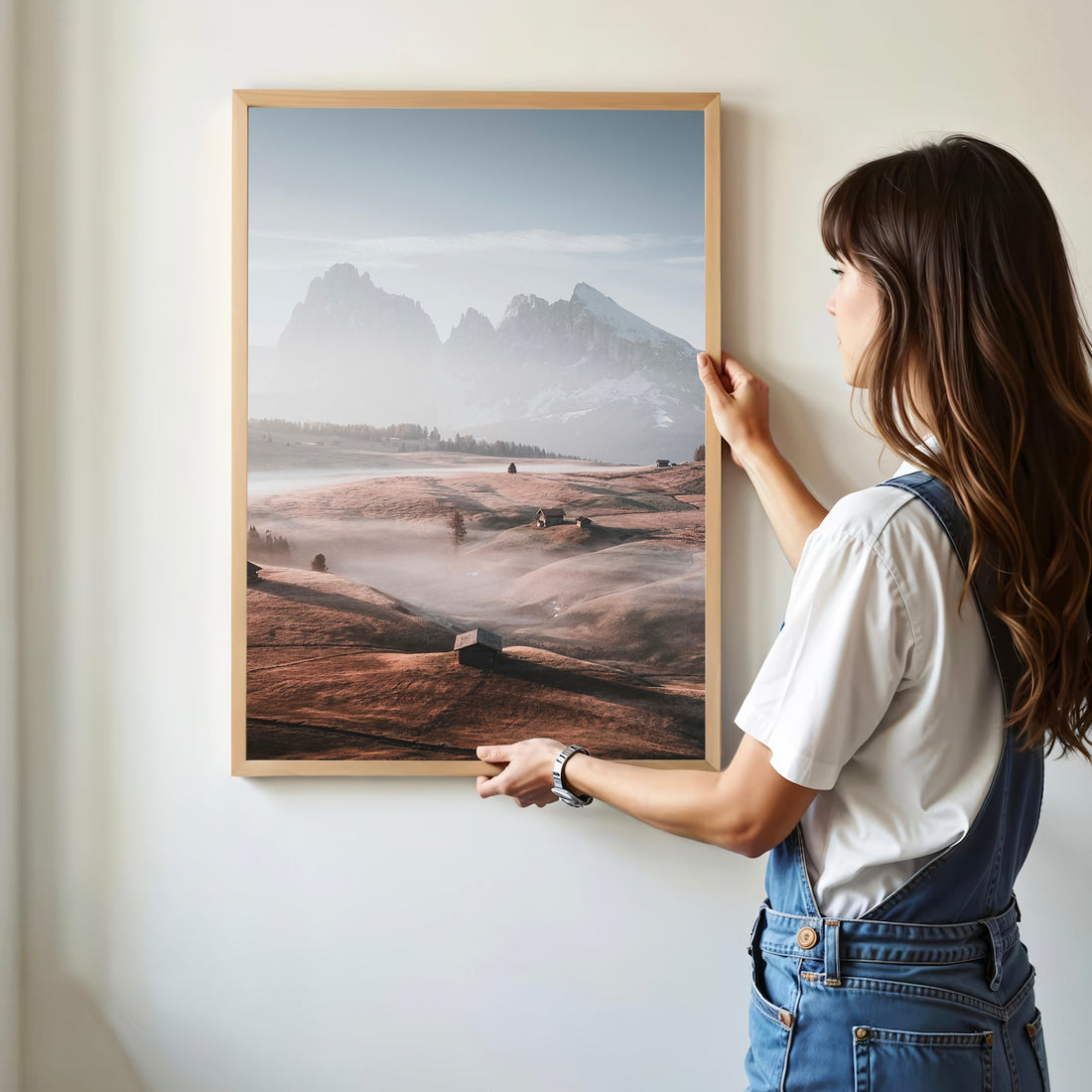 Fine art print of Dolomites mountain huts bathed in soft fog and light in the rolling hills of Alpe di Siusi