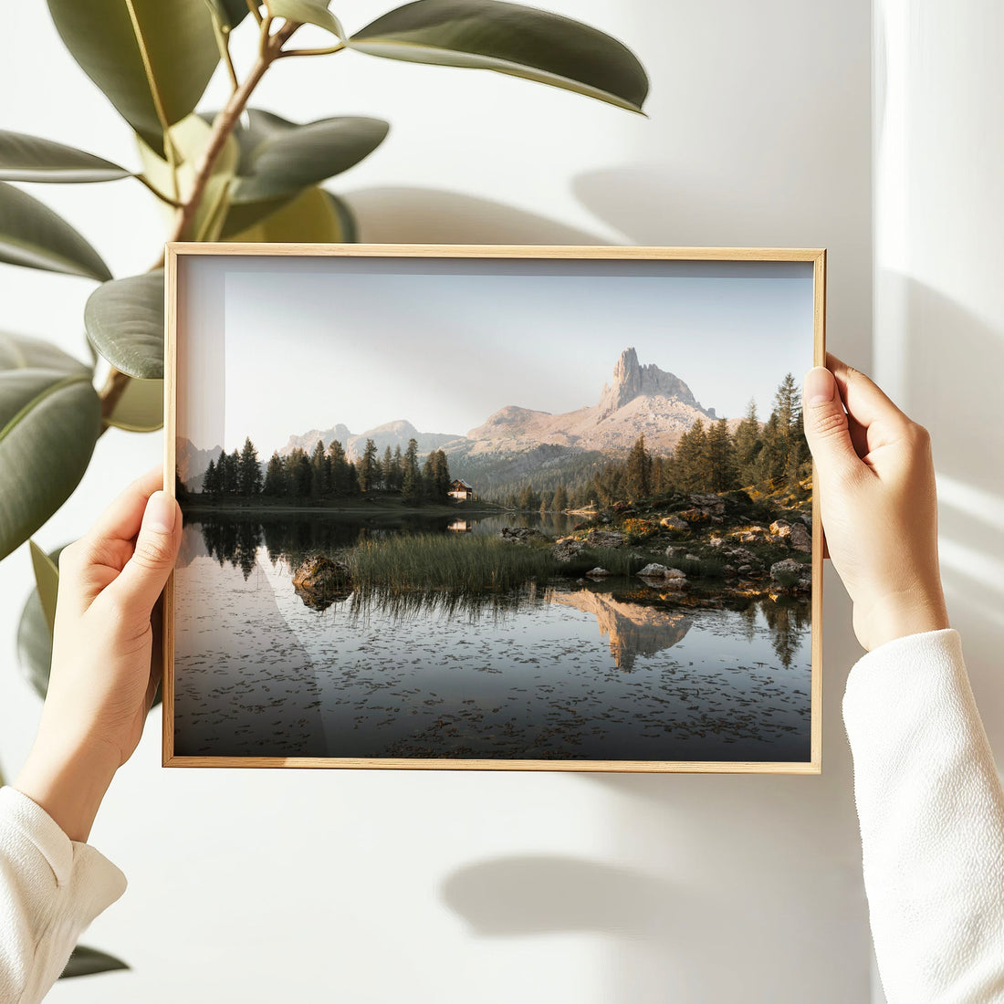 Breathtaking Dolomites mountain lake print showcasing the beauty of Lago di Federa at golden hour.