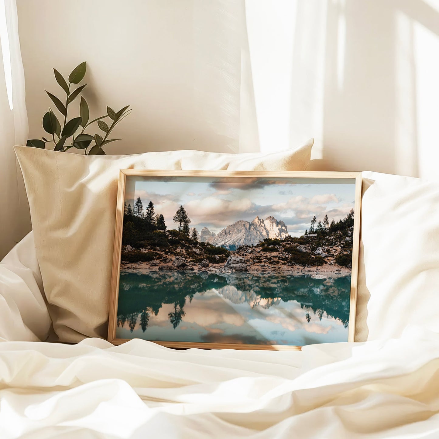 Fine art Dolomites photography print of Lago di Sorapis with crystal-clear water and dramatic alpine landscape.