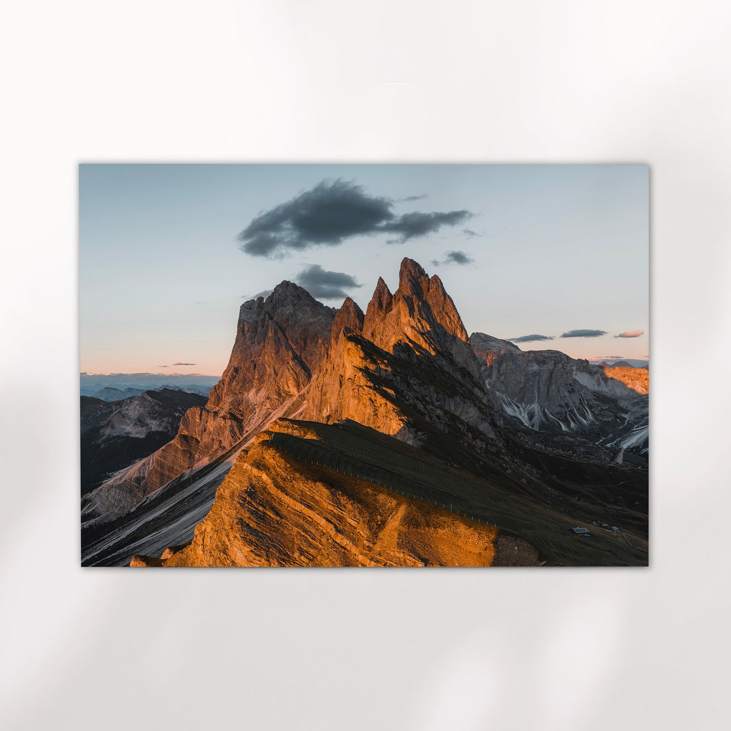 Stunning Dolomites mountain landscape print featuring the iconic jagged cliffs of Seceda Ridge.