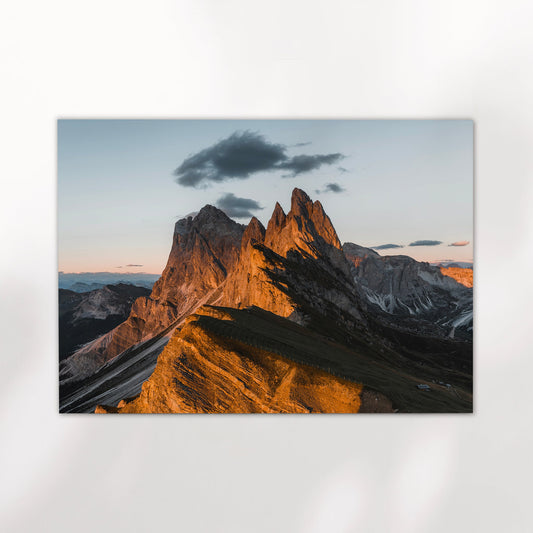 Stunning Dolomites mountain landscape print featuring the iconic jagged cliffs of Seceda Ridge.