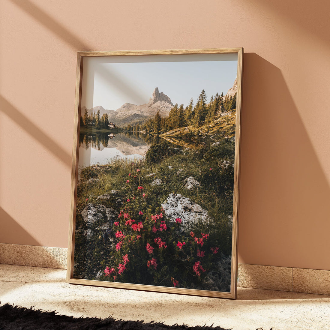 Mountain wall art print of Lago di Federa catching early golden sunlight