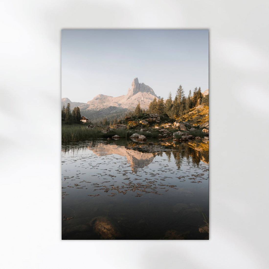 Serene Dolomites photography print featuring sharp peaks reflected in the calm waters of Lago di Federa.
