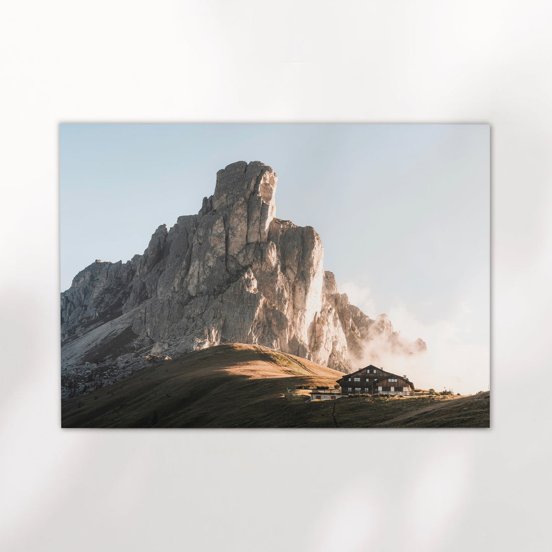 Minimalist wall art print of Passo Giau with clear blue sky and sunlight