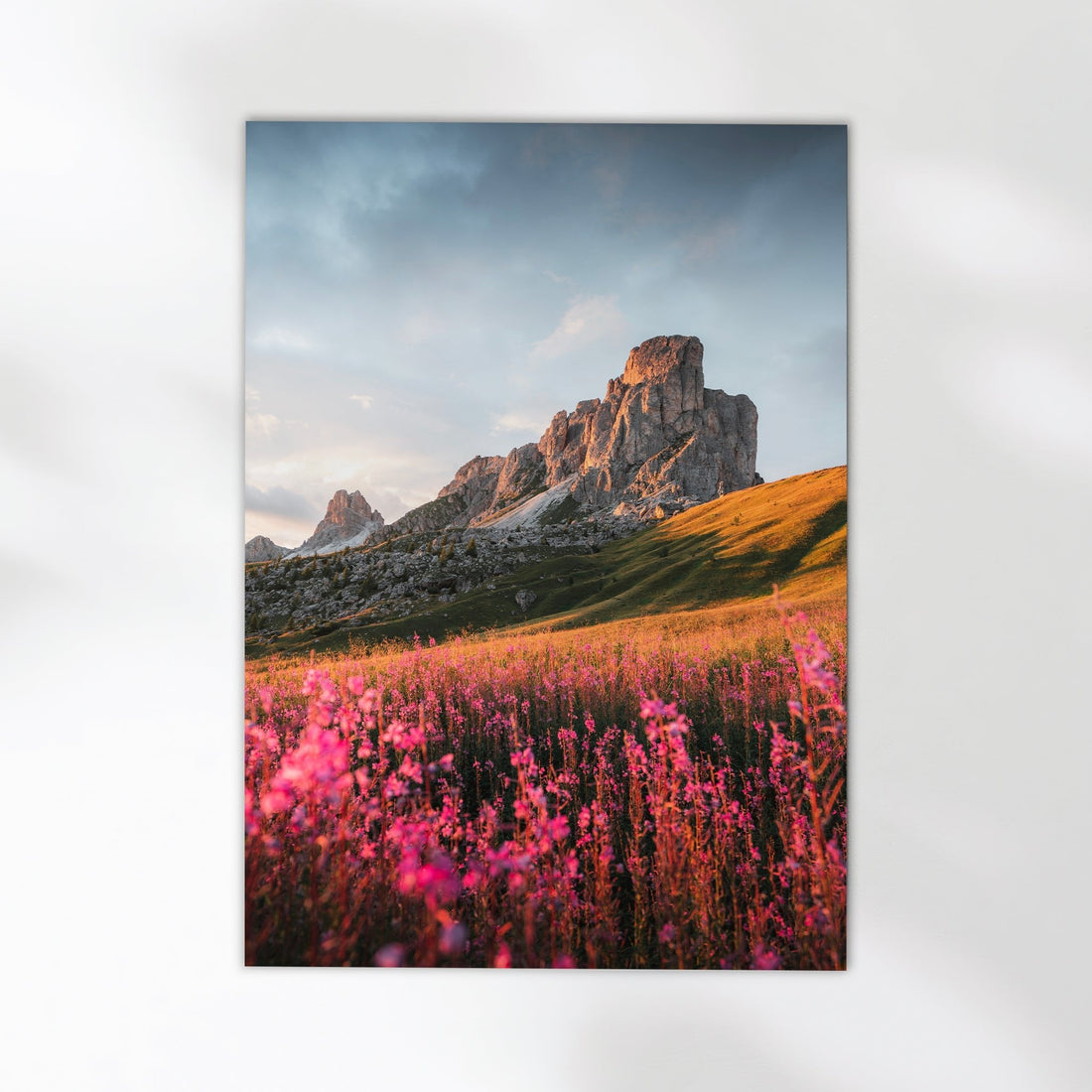 Breathtaking Dolomites mountain meadow photography print capturing Passo Giau at sunset.