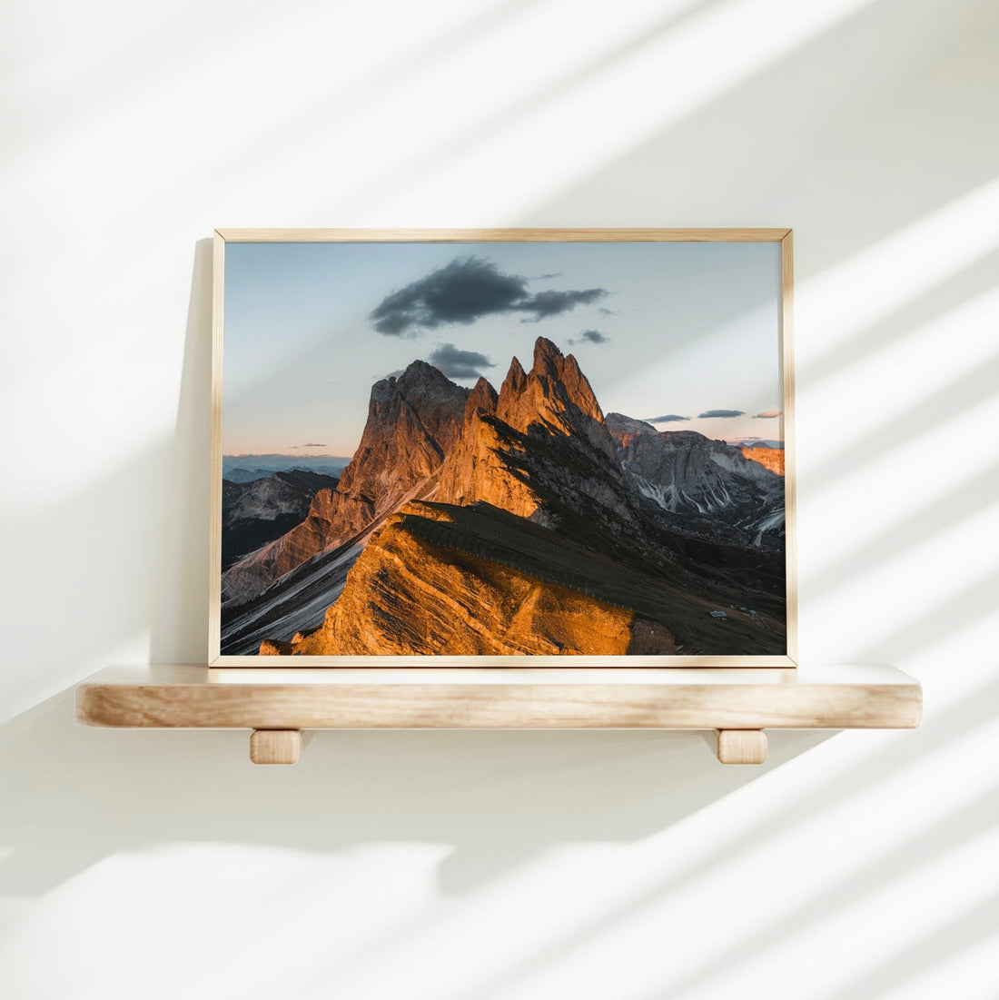Scenic view wall art print of the Seceda Dolomites, with rugged cliffs and sweeping alpine landscapes.