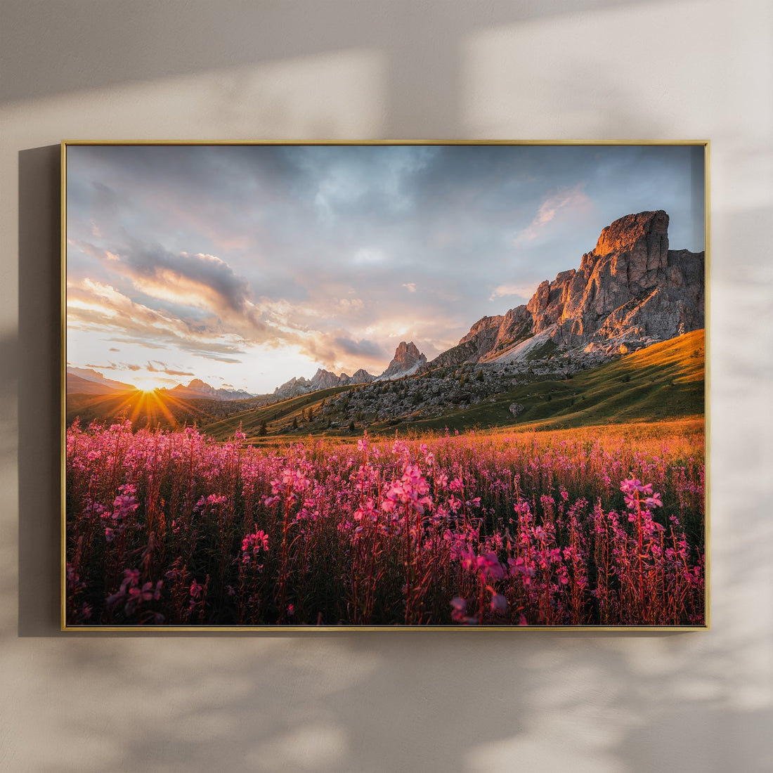 Passo Giau Dolomites wall art print with glowing wildflowers and dramatic peaks under a golden sunset sky.