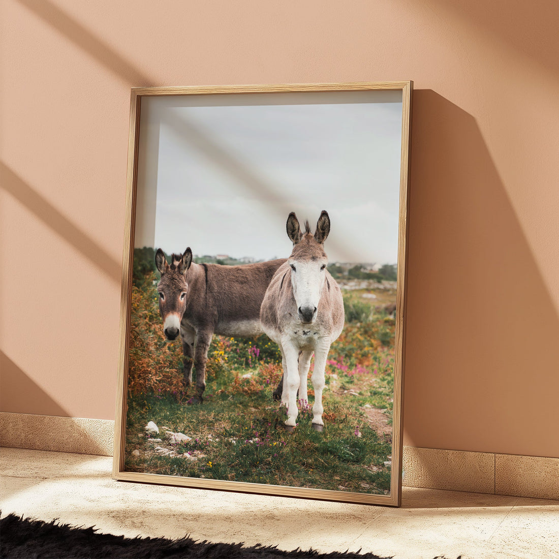Donkey photography print leaning on a peach wall with afternoon light.