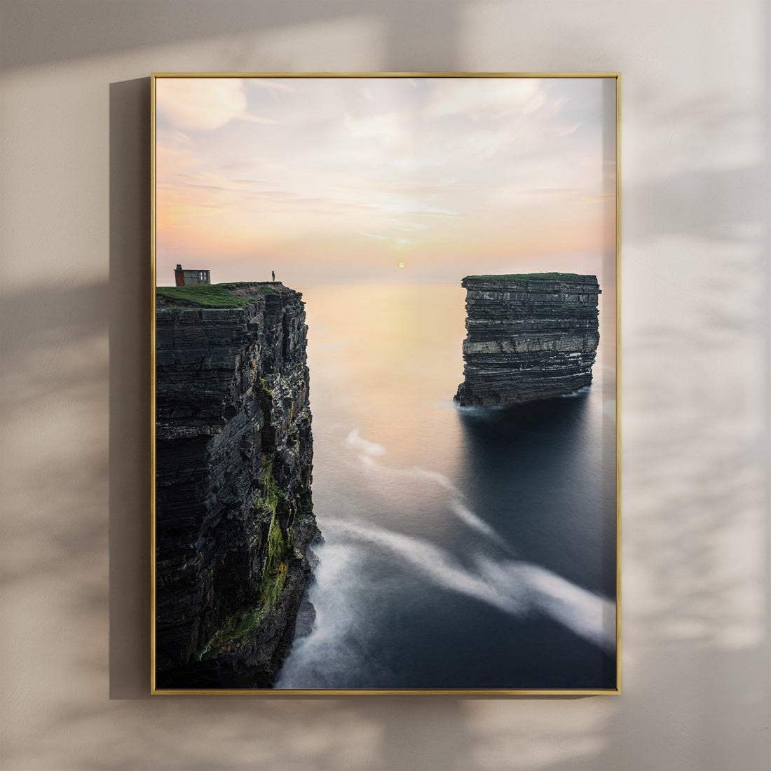 Downpatrick Head at sunset with sea stack and calm Atlantic waters, fine art wall print.