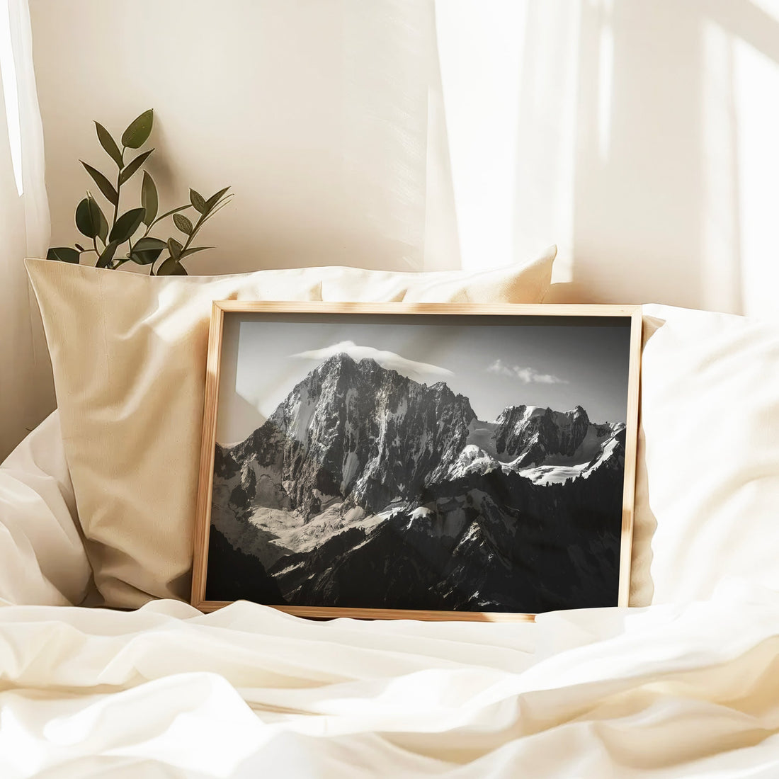 Dramatic black and white mountain wall print of Grandes Jorasses, perfect for modern minimalist decor.