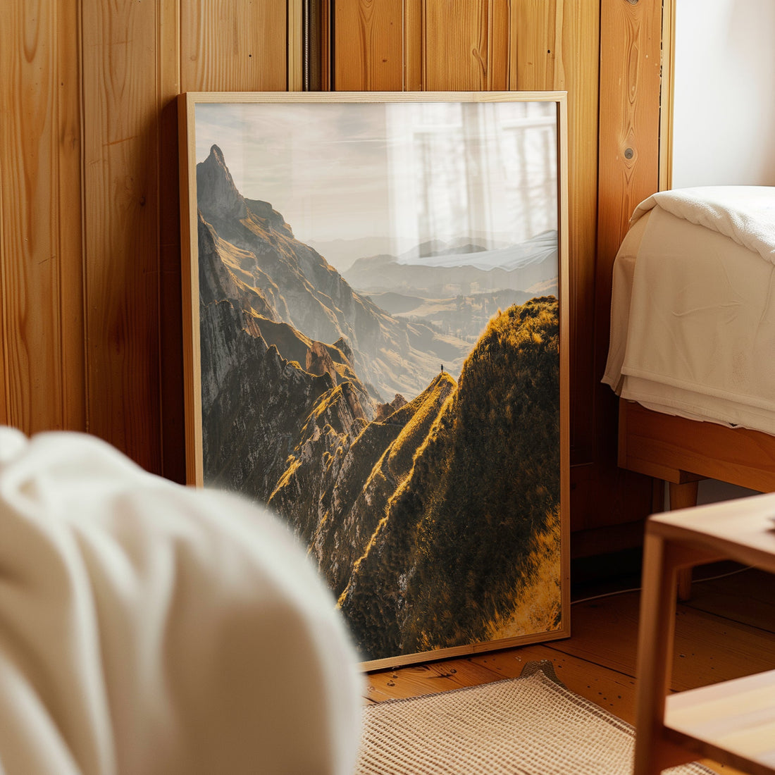 A mesmerizing Schäfler mountain sunset wall art print with golden light on alpine ridges.