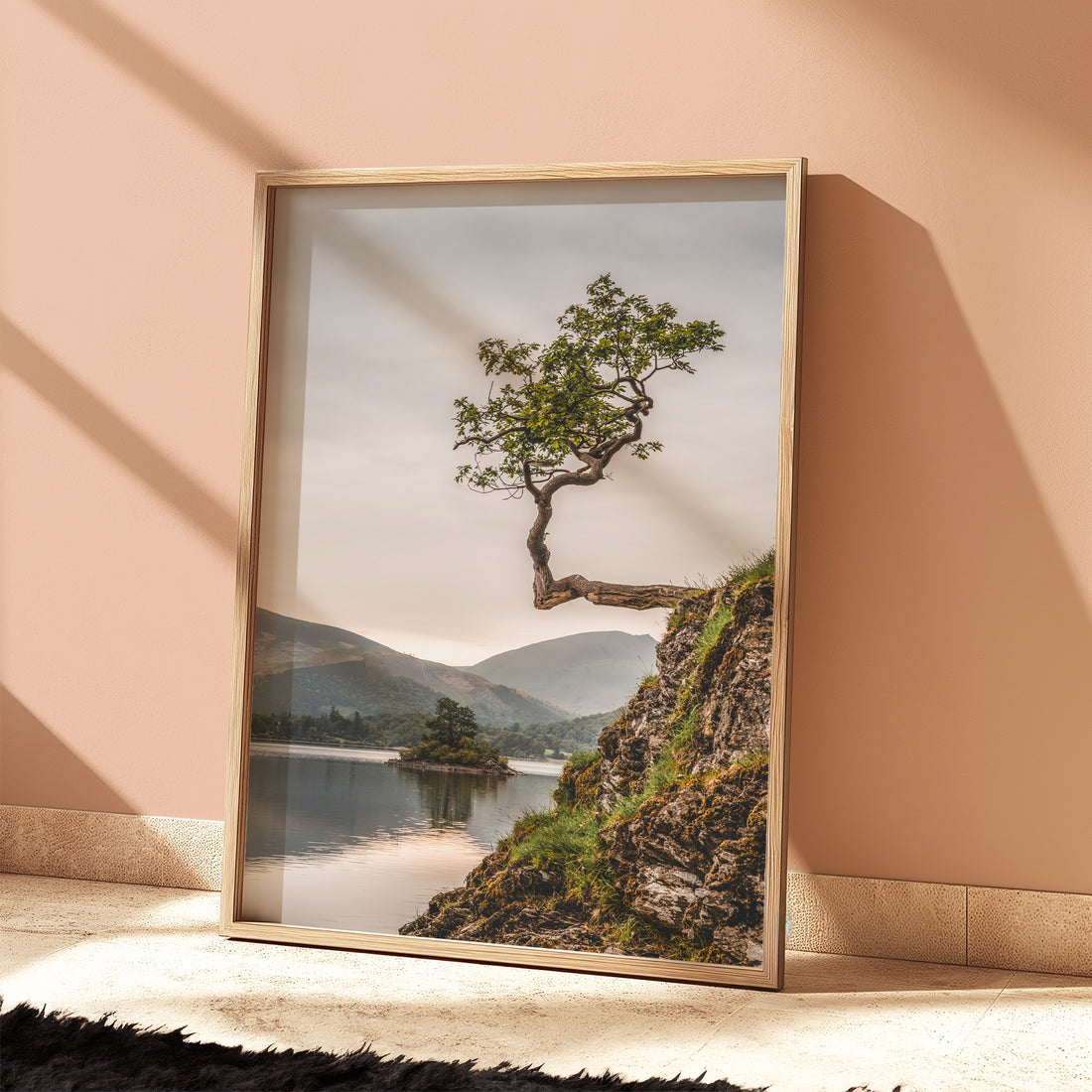 Framed Derwentwater tree art in a sunlit space with pink-toned walls