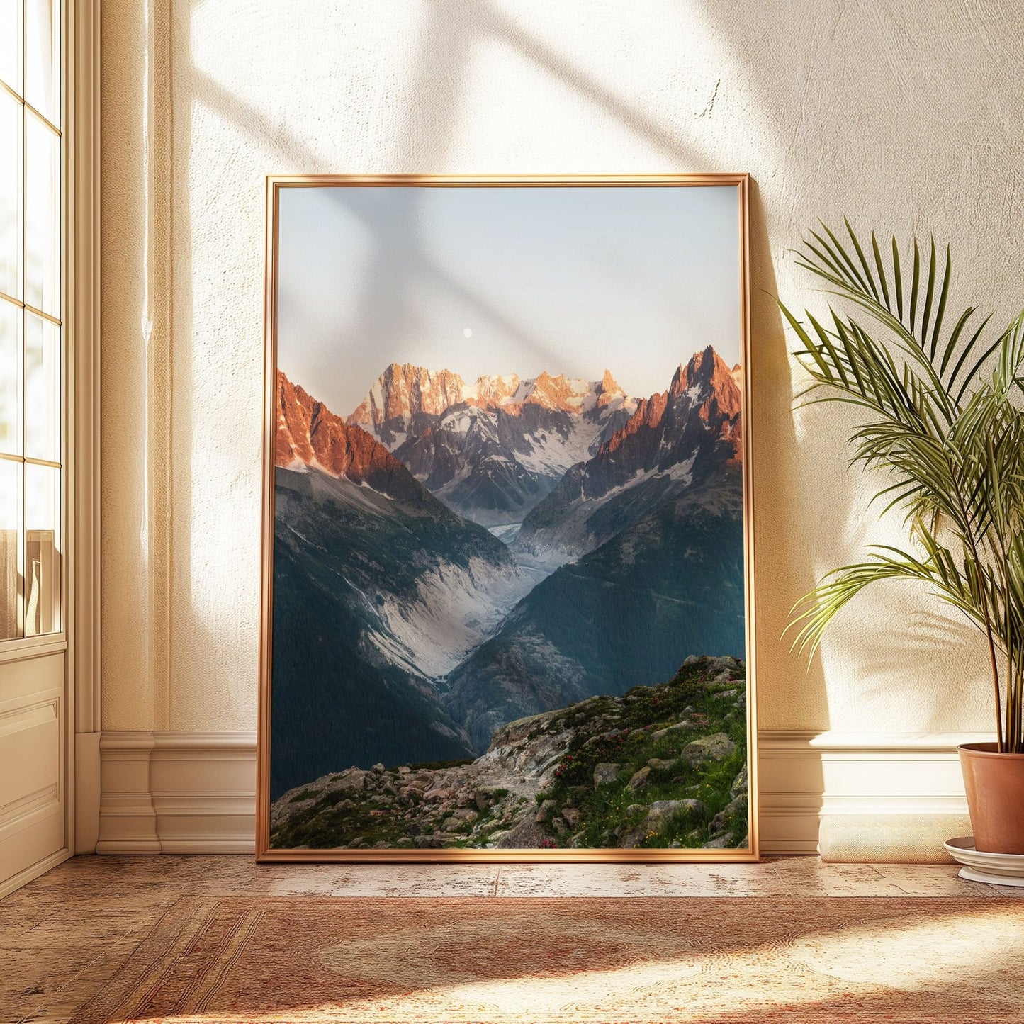 The Drus and Grandes Jorasses in golden evening light, part of a stunning wall art triptych.