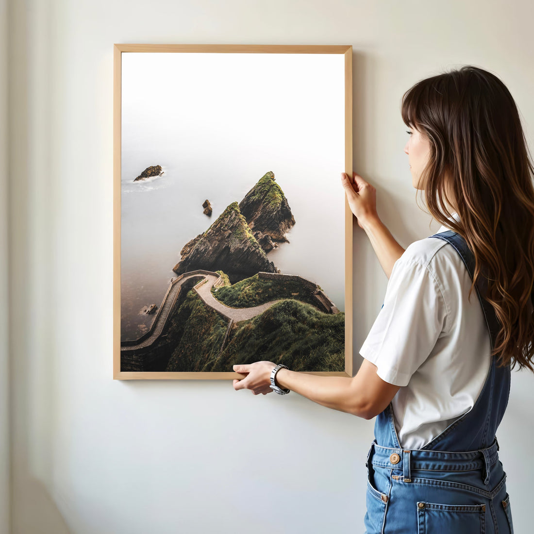 Framed landscape photo of Dunquin Harbour with sea stacks and winding road