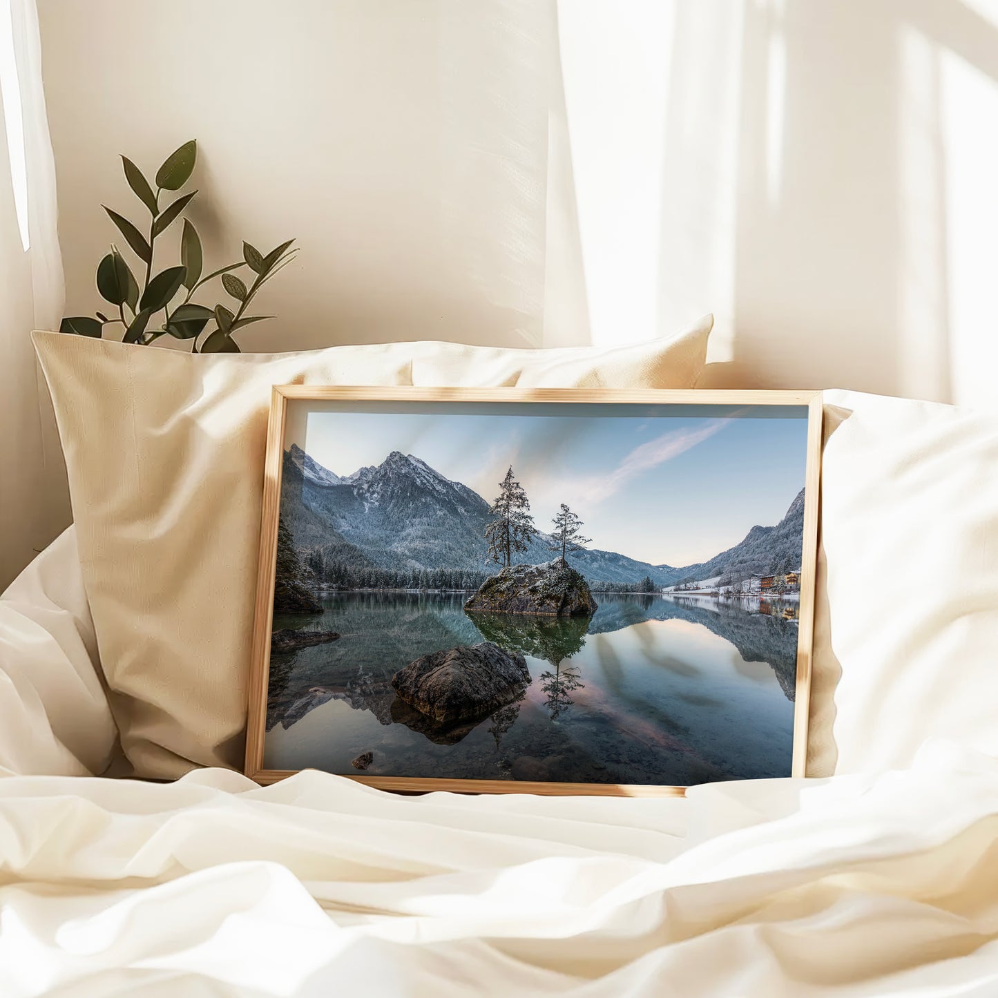 Early morning view of Hintersee with glowing peaks and misty atmosphere