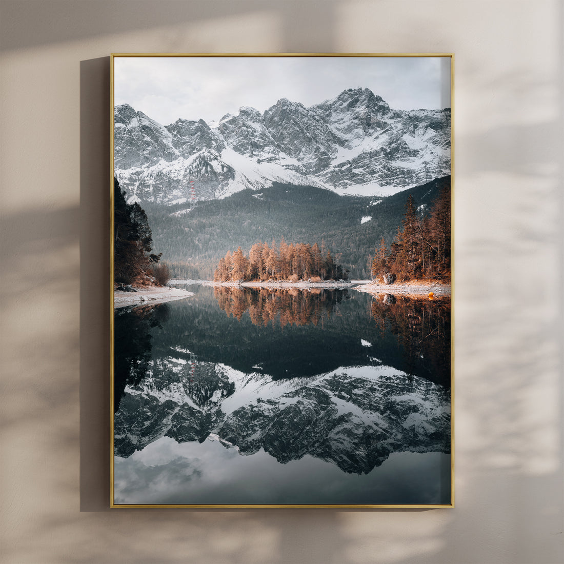 Snowy mountains and reflection over Lake Eibsee in Germany, framed fine art print