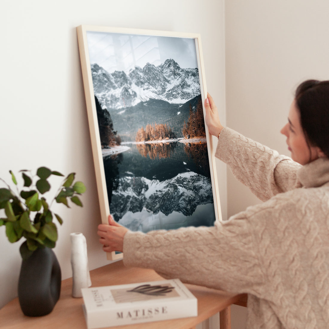 Eibsee mountain lake print displayed with soft shadows in modern decor setting
