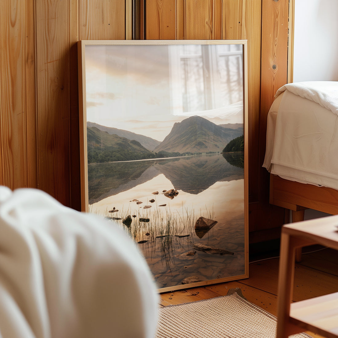 Buttermere Lake District photography print with misty atmosphere and warm tones.