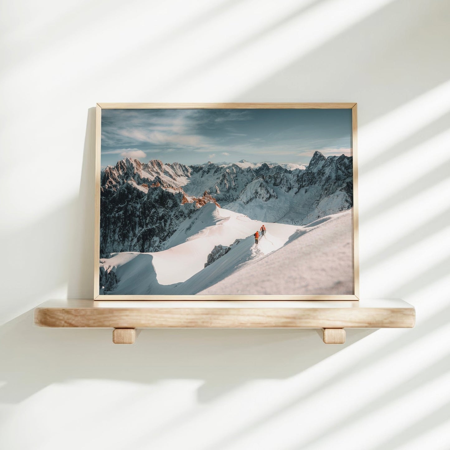 Scenic alpine photography art print of a daring high-altitude hike on Aiguille du Midi’s exposed ridge.