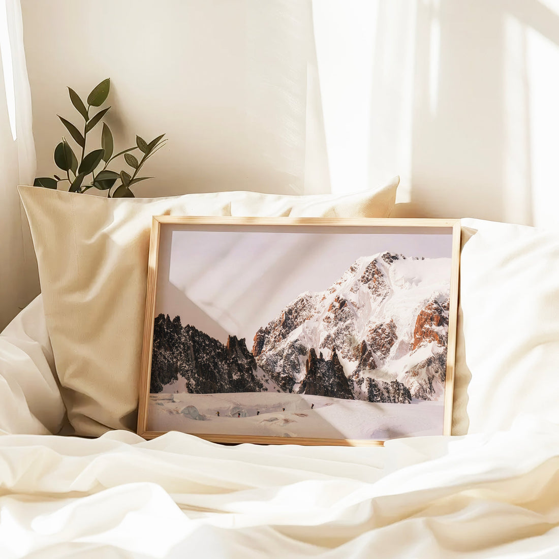 Extreme ski touring art print of the French Alps, highlighting a team of skiers tackling the Vallée Blanche.